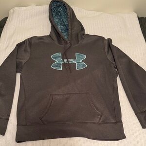 Vintage Under Armour Charcoal Hoodie with Blue Logo